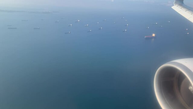 Industrial ships at sea - view from the plane