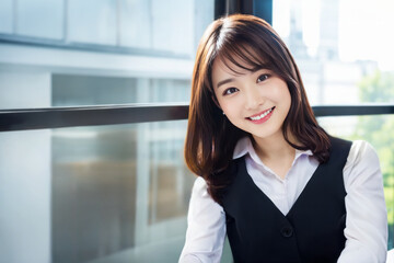 笑顔で仕事をするOL・日本人の女性社員(美人モデル)