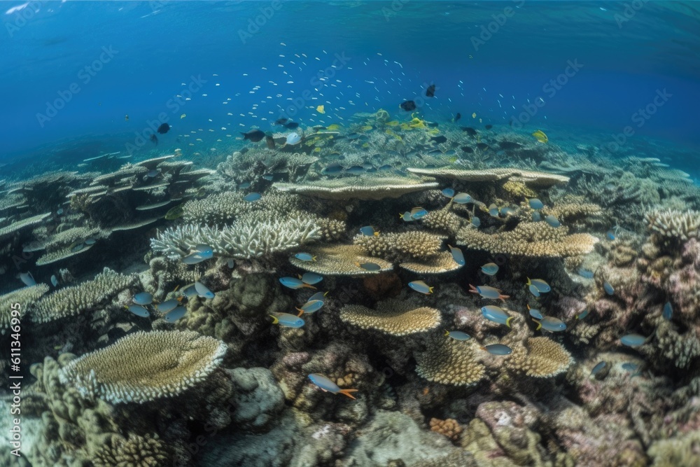 Poster coral reef, with schools of colorful fish swimming among the corals, created with generative ai