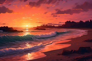 Fototapeta na wymiar Spectacular Sunset on the Beach, Generated Ai