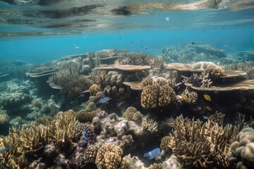 close-up of coral reef, with schools of fish and other marine life visible, created with generative ai