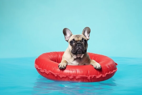 Dog in swimming ring enjoying summer holiday. Generative AI