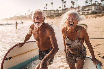 A senior couple on the beach with a surfboard having fun. Generative AI