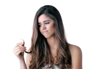 Isolated young woman, hair care and breakage with worry, shock and thinking by transparent png background. Girl, model and frustrated with hairstyle, beauty and damage with stress for cosmetics