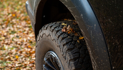 Close-up of a car wheel with leaves on wheels on wet off-road in autumn. Autumn leaves under the wheels of a car on the grass.