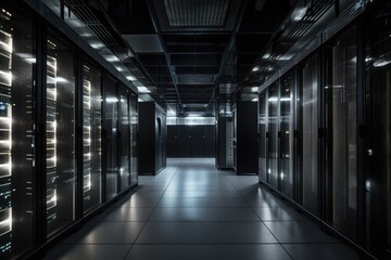 Obraz premium data center with floor-to-ceiling server racks, each populated with blinking lights, created with generative ai