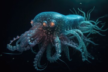 deep-sea creature swimming with its tentacles shimmering, created with generative ai