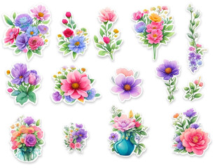 Set of sticker, A detailed watercolor illustration Bouquet of flowers