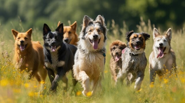 National Dog Day, August 26th, A day to honor and appreciate dogs, promoting their welfare and adoption. A group of happy dogs run through the meadow on a sunny day. AI generative