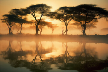 Sunrise sun reflecting trees along a pond - obrazy, fototapety, plakaty