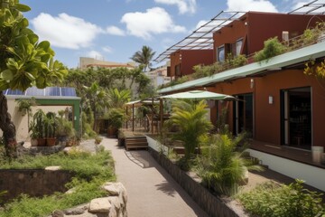 Fototapeta na wymiar eco-friendly hotel, with solar panels on the roof and composting bins in the garden, created with generative ai