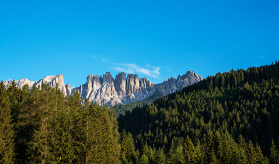 Amazing mountain ridge. Region Trentino Alto Adige, South Tyrol, Veneto, Italy. Dolomite Alps, famous travel destination in Europe. Vicinity of village Cortina D'Ampezzo and lake Limides.