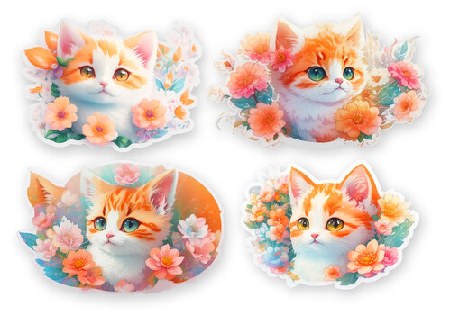 Set of stickers cute cats and flowers on a white background,Ai