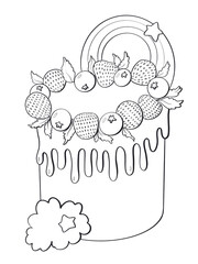 contour line illustration sketch style confectioner sweet cake with berries chocolate holiday birthday design element advertising print sticker coloring book