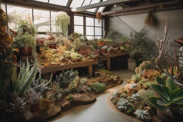indoor garden with a variety of plants, including succulent and flowering specimens, created with generative ai