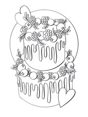 contour line illustration sketch style confectioner sweet cake with berries hearts chocolate holiday birthday lovers design element postcard printable sticker coloring book