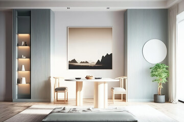 Modern dining room interior in Japandi style in blue tones. Photorealistic illustration generative AI.