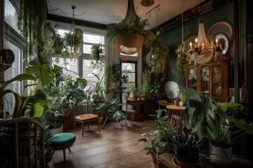 an eclectic interior with an array of indoor plants and greenery, created with generative ai