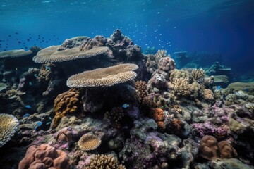 Naklejka premium corals and other colorful marine life in underwater habitat, created with generative ai