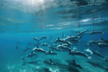 Obraz premium school of dolphins swimming in crystal-clear waters, created with generative ai