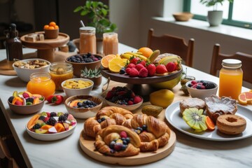 plant-based and vegan brunch, with assortment of pastries, fruits, and beverages, created with generative ai