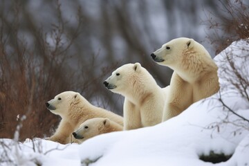 Obraz na płótnie Canvas mother polar bear watches her cubs play in the snow, protecting them from danger, created with generative ai