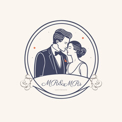 Vector wedding logo logotype Mr and Mrs in monochrome color isolated on light background.