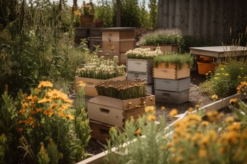 Naklejka premium pollinator garden with honeycomb and beekeeping supplies visible, created with generative ai
