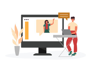 Cartoon girl consultant helps guy client hang problem through monitor. Time for online communication. Social distancing and mobile chat conversation. Vector