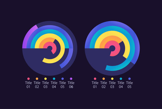 Radial bar infographic chart design template set for dark theme. Compare key metrics. Sales report. Visual data presentation. Editable circular diagrams collection. Myriad Pro-Bold, Regular fonts used