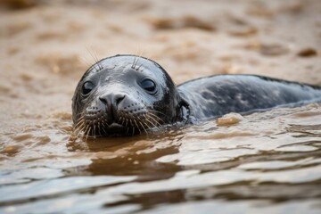 Fototapeta premium seal pup peeking out from between its mother's flippers, created with generative ai
