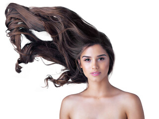 Wind, hair and beauty portrait of a woman isolated on a transparent, png background. Aesthetic female model person with natural makeup, skin care glow and shampoo for healthy growth and shine