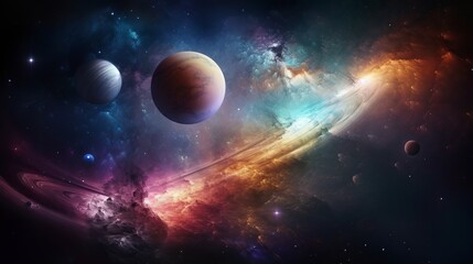 Obraz na płótnie Canvas Explore the captivating realm of planets with ultra detail HD backgrounds that transport you to distant worlds. The scene reveals a panoramic view of a planetary system, Generative AI