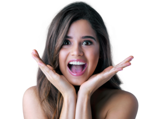 Beauty, portrait or excited woman with wow isolated on transparent png background for announcement of makeup sale. Surprise, face and happy person or model smile for cosmetics news, deal or promotion