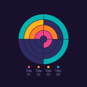 Concentric Radial Infographic Chart Design Template For Dark Theme. Four Categories. Editable Infochart With Rings And Sectors. Visual Data Presentation. Myriad Pro-Bold, Regular Fonts Used