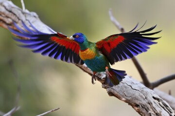Obraz premium colorful bird swoops in for dramatic landing on tree branch, created with generative ai