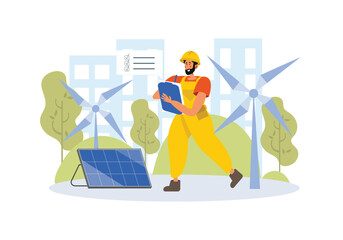 Positive engineer records work on solar panels and windmills. Ecological power generation. Environment conservation resource. Usage of green energy. Vector