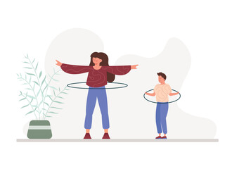 Cartoon people spinning hula hoops. Time for sports. Doing morning exercises. Healthy and active lifestyle. Vector flat style illustration on white background