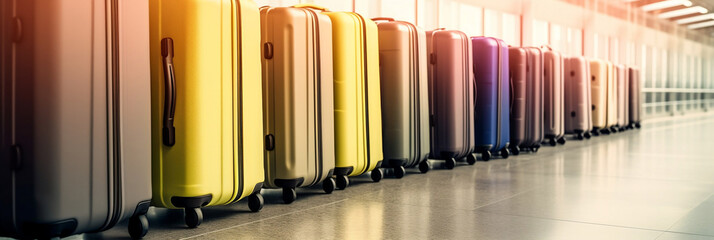 luggage suitcases at the airport wide banner area for vacations and holiday travel concepts, banner, generative AI
