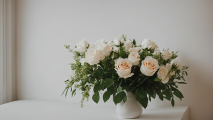 This stunning display features a luscious arrangement of pristine white roses expertly arranged in a delicate ceramic vase on a pristine white table. Elegant green leaves and stems cascade