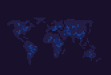 Dot map infographic chart design element for dark theme. Geographic distribution. Customizable graph for statistical analysis. Editable component for instructional graphics. Visual data presentation