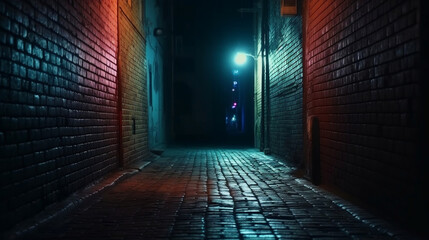 Dark street, old brick wall decorated with night lanterns. Empty street scene, neon light. Night view, blurred abstract bokeh light. Generative ai.