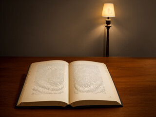 Naklejka na ściany i meble Celebrate the joy of reading with our stunning image of an open book on a sleek table, illuminated by a reading lamp. The perfect visual ode to World Reading Day