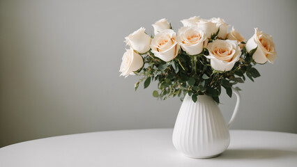 Behold the stunning display of pure elegance and grace - a gorgeous bouquet of ethereal white roses nestled amidst verdant leaves gracing a sleek ceramic vase filled with crystal-clear water.