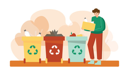 Cartoon guy sorts trash into different bins. Living in eco green city. Social charity activities. Planting trees and sorting garbage. Vector flat style illustration