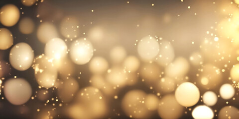 Gold bokeh effect festive background. Shiny golden glitter, lights and sparkling magic particles....