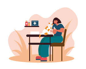 Cartoon doctor injects cat on table. People working as veterinarians. Modern animal healthcare services. Medical center for domestic animals treatment. Vector