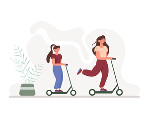 Cartoon girls riding scooters. Cartoon characters doing morning exercises. Healthy and active lifestyle. Regular physical activity. Flat style vector illustration