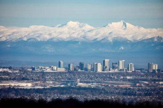 snow-capped mountain in the foreground, with city skyline visible in the distance, created with generative ai