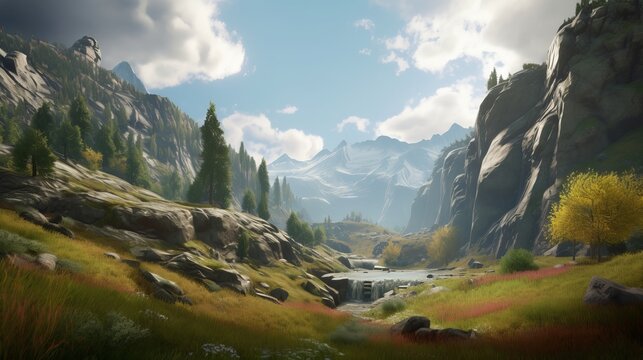 Immerse in the Majestic HD Mountain Landscape: Capturing Intricate Details and Vibrant Colors for a Truly Immersive Visual Experience, view from the top of the mountain, Generative AI